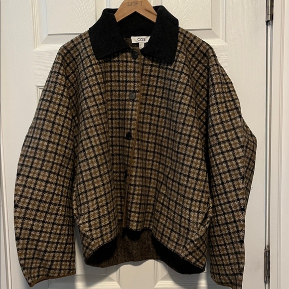 COS Sculpted Merino Wool Short Jacket Beige Checked Size Large - Picture 10 of 12